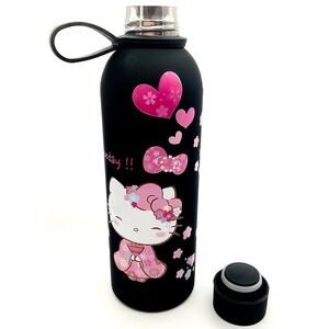 Kawaii Kitty  Water Bottle 16oz Black Pink Anime Cherry Blossom Metal Thermos